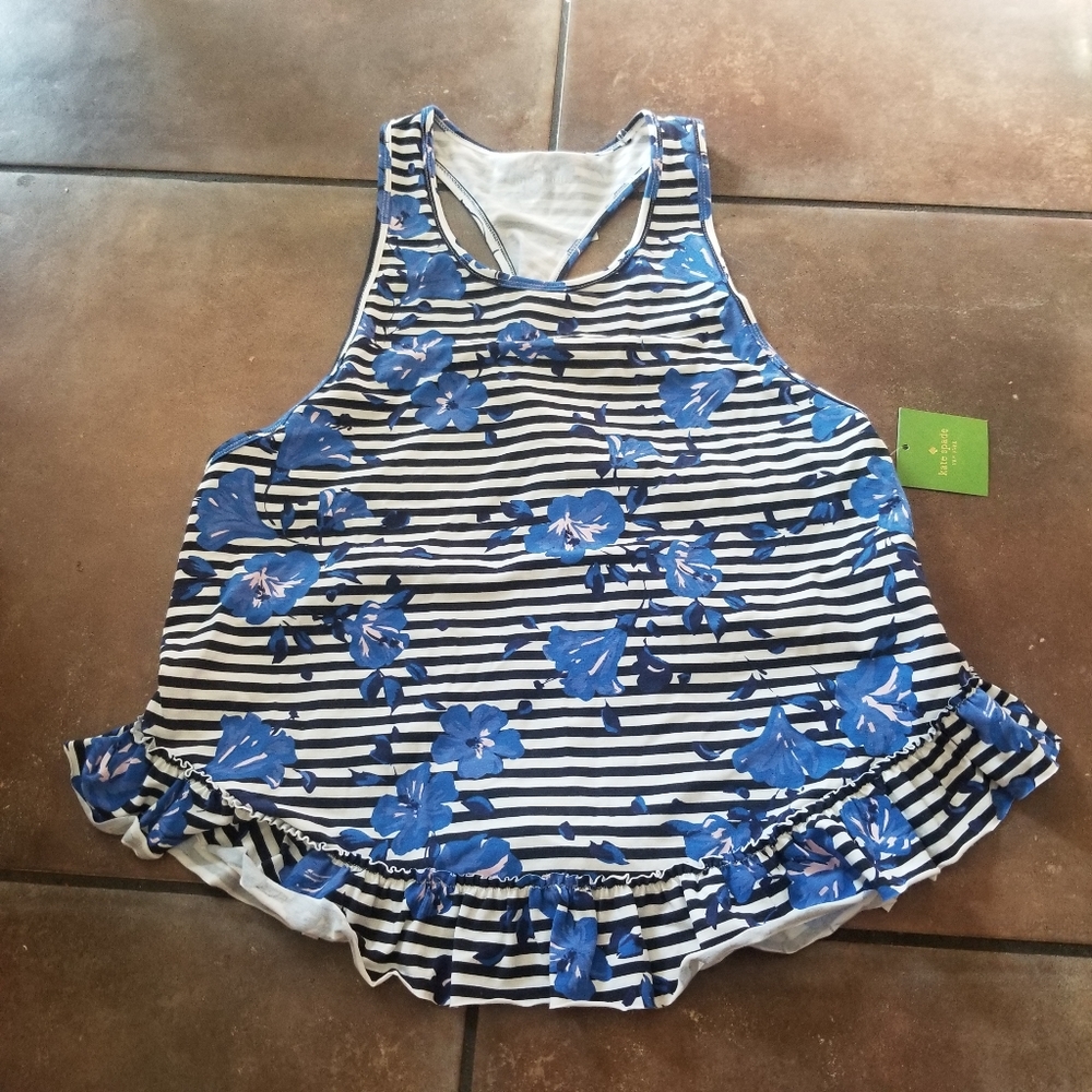 Kate Spade Striped Hibiscus Ruffle Racerback Tank L